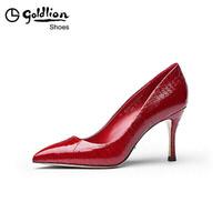 金利来（goldlion）女士蛇皮尖头时尚韩版性感浅口细高跟单鞋8187004800-红色-38码