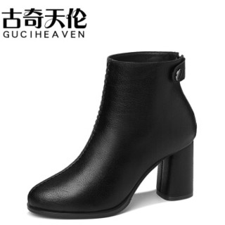 古奇天伦（GUCIHEAVEN）韩版百搭休闲女鞋加绒粗高跟短筒靴子 9123 黑色 37