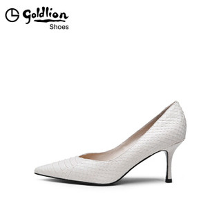 金利来（goldlion）女士尖头浅口单性感蛇皮工作细高跟鞋62693001221P-米白-39码