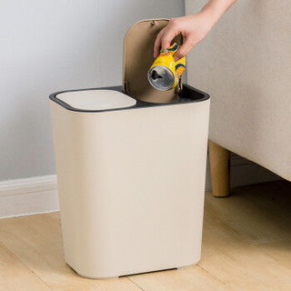 欧润哲 垃圾分类垃圾桶 干湿分离手按压带盖环保家用厨房日式垃圾篓垃圾筒 15L 米白色