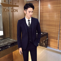 金盾（KIN DON）西服套装 男2019秋季新款新郎伴郎团修身正装平驳领西服三件套 F717-1-XF616 藏青色 2XL