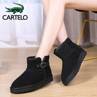 卡帝乐鳄鱼 CARTELO 雪地靴女鞋时尚休闲加绒棉韩版套脚保暖潮流皮毛带扣厚底 KDLYP8020 黑色 35
