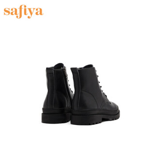 索菲娅女鞋（Safiya）圆头低平跟系带马丁靴女靴 黑色 38