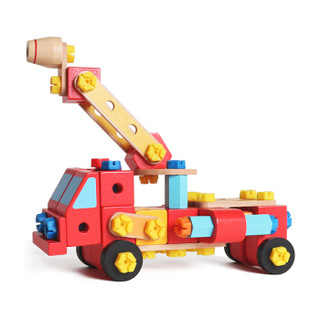 木玩世家 儿童木质汽车模型拼装玩具3-6周岁 早教智力启蒙小孩消防车