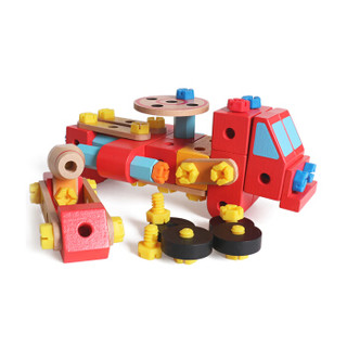 木玩世家 儿童木质汽车模型拼装玩具3-6周岁 早教智力启蒙小孩消防车