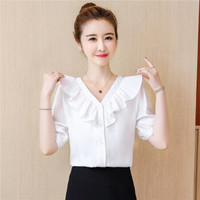 瑜珏（YuJue）百搭显瘦小衫上衣 2019夏季新款韩版很仙的洋气V领短袖雪纺衫女 NSYY8410 白色 XL