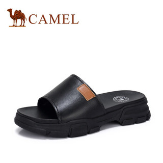 骆驼（CAMEL） 女士 休闲舒适牛皮纯色厚底拖鞋 A92893667 黑/土黄 40