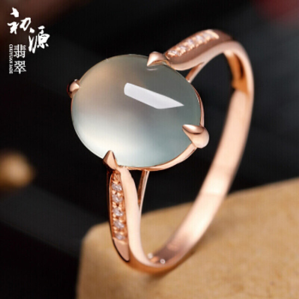 初源 翡翠戒指缅甸高冰种蛋面玉石18k金镶嵌钻石指环女士款 私人高级