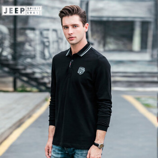 吉普JEEP 长袖T恤男POLO衫2019秋季新品翻领纯色棉质男士男装上衣FSMS1091黑色 XL