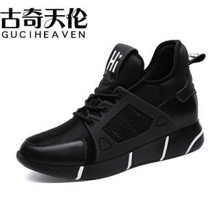 古奇天伦（GUCIHEAVEN）女士 韩版百搭休闲内增高运动跑步鞋 8930 黑白色 36