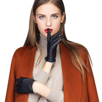 百尚意特 时尚真皮手套 女 冬薄款 加绒加厚保暖开车羊皮手套 蝴蝶结 W023 黑色 L