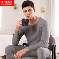 红豆居家新款男士V领秋衣秋裤红豆绒碳刷磨毛色纺无痕保暖内衣套装523 麻灰 185/110