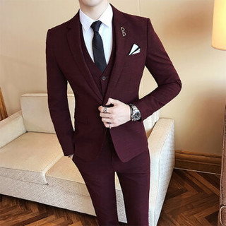 北极绒（Bejirong）西服套装男 2019新款韩版修身英伦绅士时尚服套装男 C209-W7017 酒红色 2XL