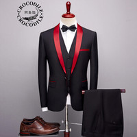 鳄鱼恤 CROCODILE 西服套装男 2019年新款酒红色青果领礼服西服套装三件套QT2005-987 红色 190/114B(3XL)