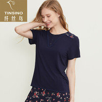 纤丝鸟TINSINO女士圆领春夏印花半袖衫奥地利兰精粘纤亲肤透气T恤单条装 午夜蓝 XL(170/100)