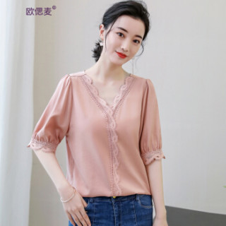 欧偲麦 雪纺衫女短袖2019夏季装新款韩版宽松蕾丝打底衫洋气小衫V领上衣 ZY-5350 粉色 XL
