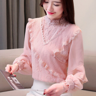 堡晟 2019春夏新款女装新品雪纺衫时尚韩版超仙洋气蕾丝衫灯笼长袖淑女上衣 zx5462-8586 粉色 S