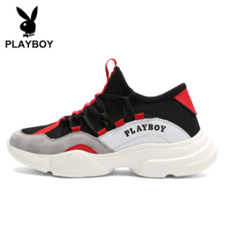 花花公子(PLAYBOY)透气网布运动跑步休闲鞋子男低帮百搭 PL611061 黑/灰 41