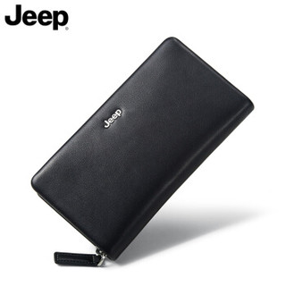 Jeep吉普 头层牛皮手拿包男大容量多功能卡包耐用拉链手机包票夹零钱包男式手包920012110黑色