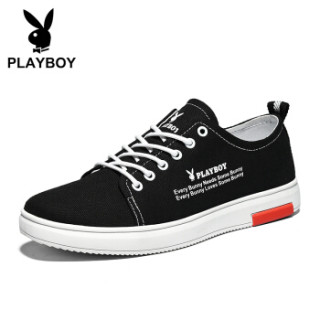 花花公子(PLAYBOY)韩版时尚经典百搭帆布鞋男低帮系带 PL611034 黑色 43