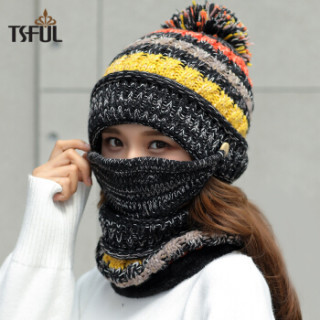 Tsful帽子女秋冬季韩版保暖毛线帽甜美可爱冬季骑车护耳加厚防寒针织帽月子帽口罩围脖帽子套装 CM3002B黑色