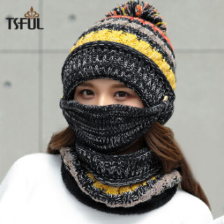 Tsful帽子女秋冬季韩版保暖毛线帽甜美可爱冬季骑车护耳加厚防寒针织帽月子帽口罩围脖帽子套装 CM3002B黑色