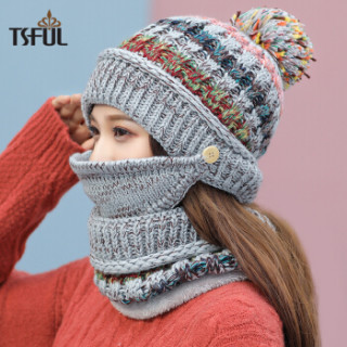 Tsful帽子女秋冬季韩版保暖毛线帽甜美可爱冬季骑车护耳加厚防寒针织帽月子帽口罩围脖帽子套装 CM3002B黑色