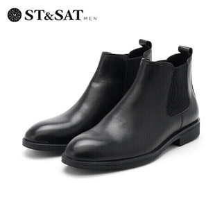 星期六男鞋（ST&SAT） 头层牛皮革切尔西短靴男 SS94125581 黑色 42