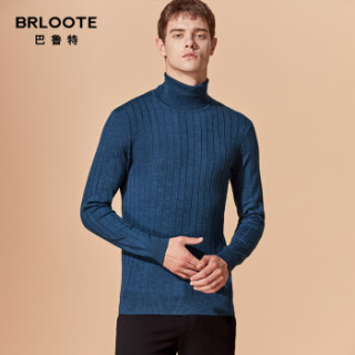 Brloote/巴鲁特 男士纯羊毛衫时尚休闲竖条纹针织衫男冬季高领羊毛打底衫 宝蓝 165/88A