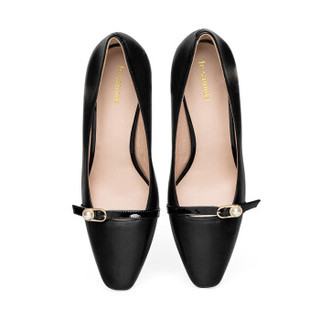 莱尔斯丹 le saunda 时尚豹纹珍珠饰物方头套脚高跟女单鞋 LS 9T80102 黑色 38