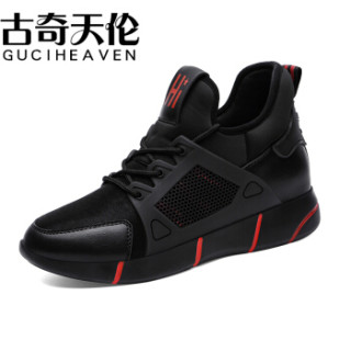 古奇天伦(GUCIHEAVEN)女士 韩版百搭休闲内增高运动跑步鞋 8930 黑红色 34