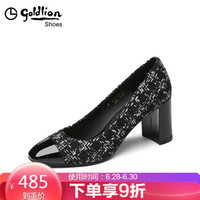 金利来（goldlion）女士粗高跟时尚毛呢编制面料圆头浅口单鞋62083055001P-黑色-37码