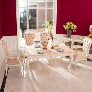 中伟ZHONGWEI欧式餐桌 豪华餐桌 天然大理石实木长方形餐桌椅组合餐桌+有扶手椅子*6