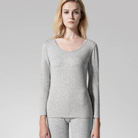 稻草人秋衣秋裤男士打底薄款莱卡棉毛衫女情侣保暖内衣套装 83801 浅花灰-女 XL