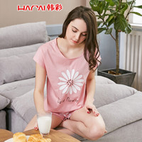 韩彩(HACAI)睡衣女 夏季薄款丝光纯棉短袖清新雏菊印花家居服套装 雅粉 165/90(L)