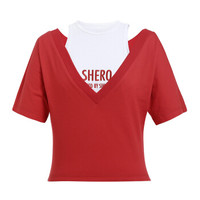 设计师品牌 JDX (x) SIMONGAO T恤 胶囊系列 SHERO刺绣 拼接 V领 上衣 红/白 S