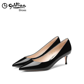 金利来（goldlion）尖头细中猫跟职业女士单鞋8120032010Q-黑色（牛漆皮）-37码