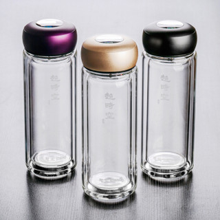 思宝（SIBAO）玻璃杯 超时空2号-黑色-320ml高硼硅玻璃杯 时尚简约便携水杯礼盒装双层直筒花茶杯