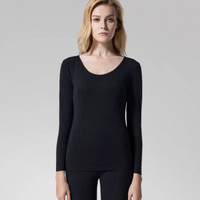 稻草人秋衣秋裤男士打底薄款莱卡棉毛衫女情侣保暖内衣套装 83801 黑色-女 XL