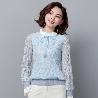 HMDIME 长袖蕾丝雪纺衫 2019秋季新品韩版纯色套头假两件上衣女 YDFH8118 蓝色 XL