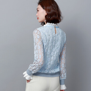 HMDIME 长袖蕾丝雪纺衫 2019秋季新品韩版纯色套头假两件上衣女 YDFH8118 蓝色 XL