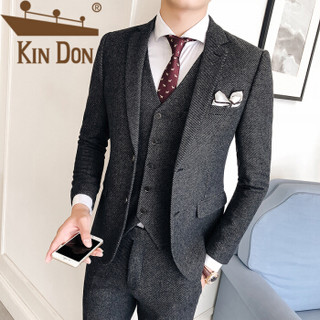 金盾（KIN DON）西服套装 男2019秋季新款平驳领斜纹 英伦修身双扣西服三件套 C404-XZ165 深灰色 XL