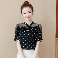 YuJue 瑜珏 洋气小衫 夏季新款波点雪纺衫女短袖蕾丝镂空露肩上衣 NSYY8379 黑色 S