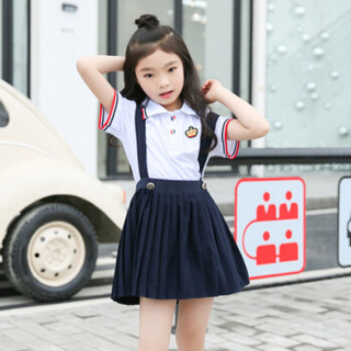 AUDDE 2019夏季新款女装新品女儿童校服polo衫背带裙套装幼儿园园服 AAAHBAGR01 红T+背带裙 150cm