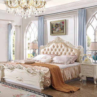 中伟欧式床双人床婚床公主床新古典实木雕花大床法式轻奢卧室软靠床香槟色X01