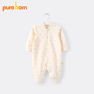 pureborn婴儿衣服连体衣女婴幼儿衣服男宝宝爬服长袖棉哈衣连身衣 小熊家园橡皮粉満印 0-3个月