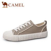 骆驼（CAMEL） 女士 港味配色毛边饼干鞋头平底帆布鞋 A93278626 卡其 35