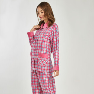 商品三枪睡衣女情侣彩格绒布翻领开襟长袖女家居服套装 粉格11 xl