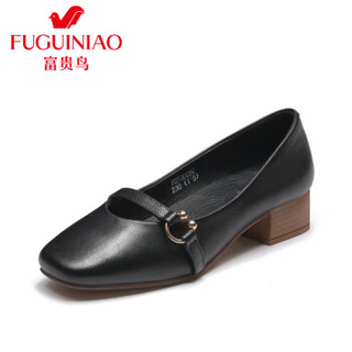 富贵鸟（FUGUINIAO）单鞋女鞋女士鞋子粗跟女单鞋粗跟方头复古时尚舒适套脚F853005C 黑色 39