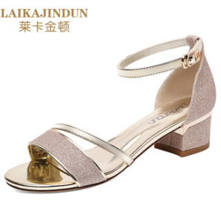 莱卡金顿 LAIKAJINDUN 露趾方跟浅口一字式扣带防水台女凉鞋子 6461 金色 38
